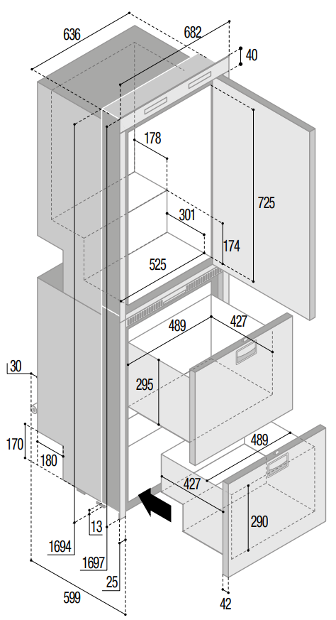Vitrifrigo DW360 OCX2 DTX Premium Kühl-Gefrier-Kombination: Kühlschrank oben, Gefrierschublade in der Mitte, Kühlschublade unten – Bild 3